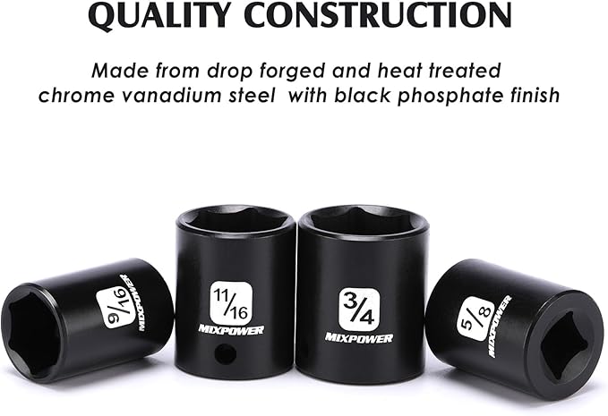MIXPOWER 12 Pieces 3/8-Inch Drive Shallow Impact Socket Set, 5/16 to 1 inch, CR-V, SAE, 6 Point, Shallow, 12 Pieces 3/8" Dr. Socket