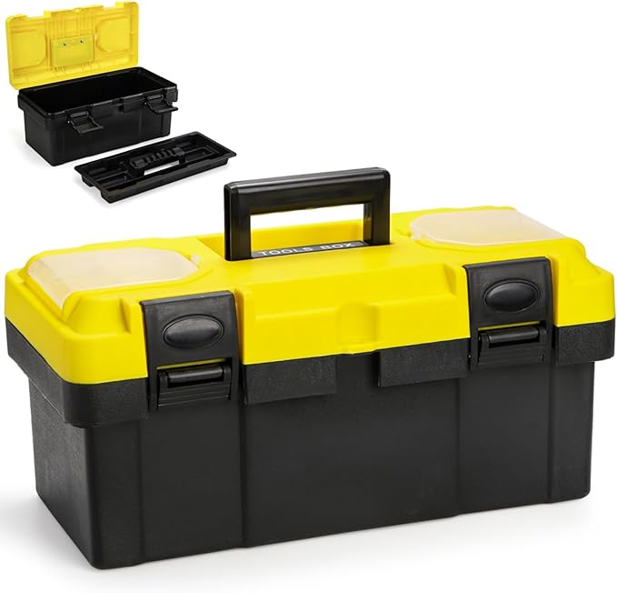 Cididu 16 Inch Plastic Tool Box with Handle, Portable Toolbox with Removable Tray and Lockable Design, Heavy Duty Toolbox Organizer with Small Parts Box for Household Workshops Garages, Black Yellow