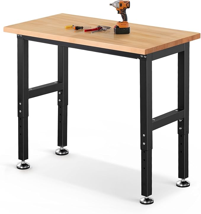 ENJOYWOOD Work Bench 41 Inch Workbench for Garage Adjustable Height Heavy Duty Work Table Rubberwood Tabletop for Cutting Wood Shop Home Office Electronic Woodworking