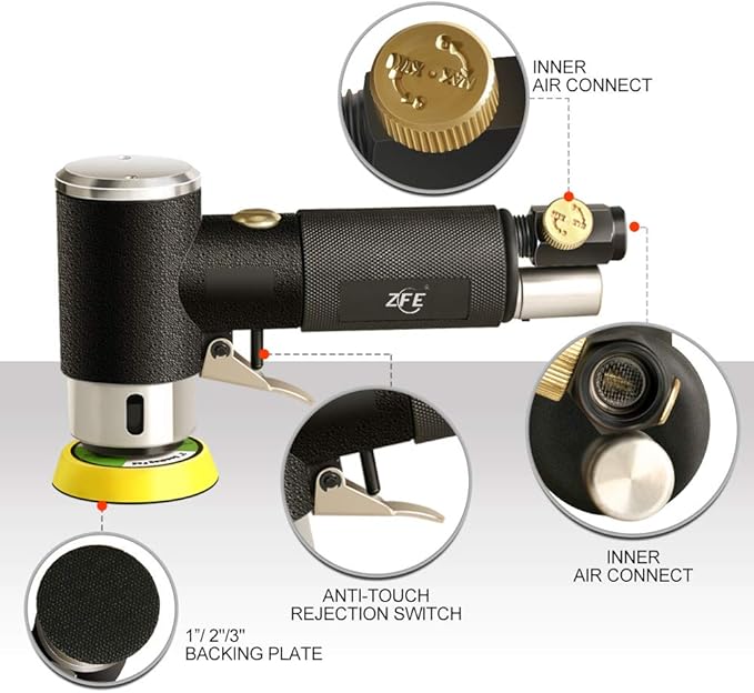 1/2/3 Inch Random Orbital Air Sander, Mini Pneumatic Sander for Auto Body Work, High Speed Air Powered Polisher with 15 Polishing Buffing Pads,18 Sandpapers