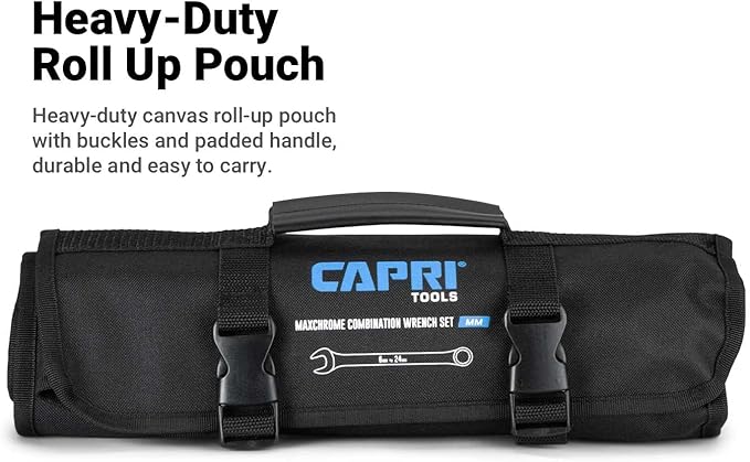 Capri Tools MaxChrome Combination Wrench Set, 6 to 24 mm, 19-Piece with Heavy-Duty Canvas Pouch