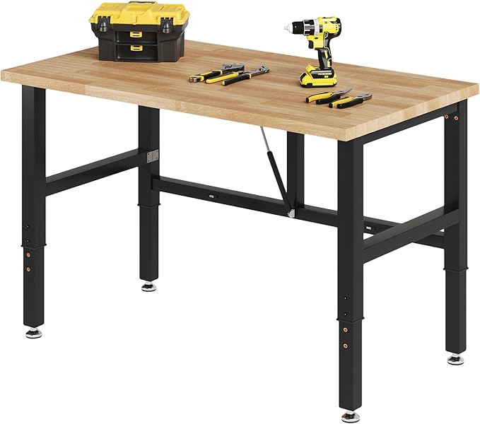 SPECRAFT Folding Workbench, Adjustable Foldable Workbench, 34.7"-40" Height Adjustable, Rubber Wood Top for Garage, Workshop, Office