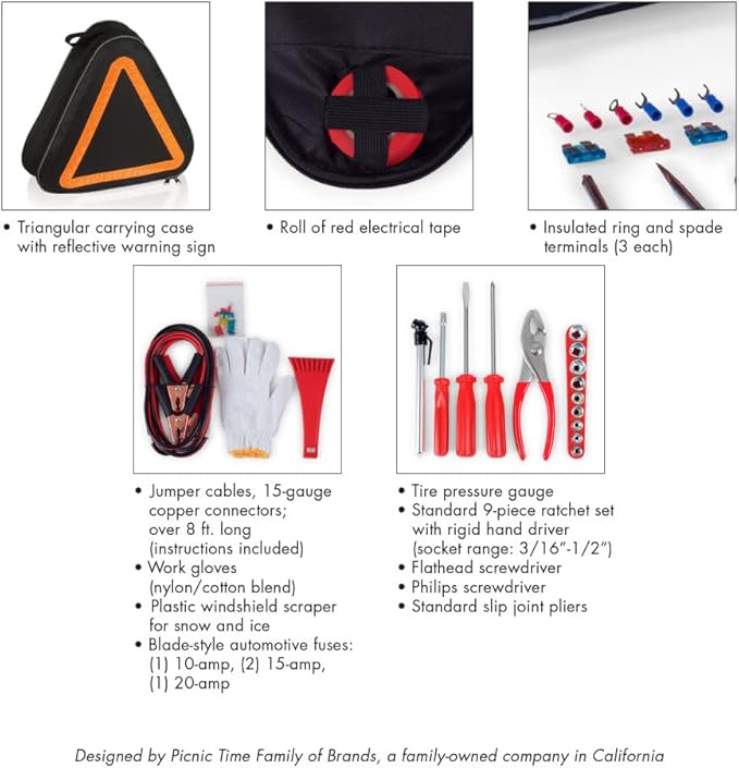 PICNIC TIME NFL Roadside Emergency Car Kit, Auto Vehicle Safety Road Side Assistance with Jumper Cables and Car Tool Kit, (Black with Orange Accents)