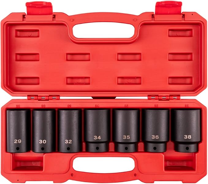 TEKTON 1/2 Inch Drive Deep 6-Point Axle Nut Impact Socket Set with Case, 7-Piece (29-38 mm) | SID92340