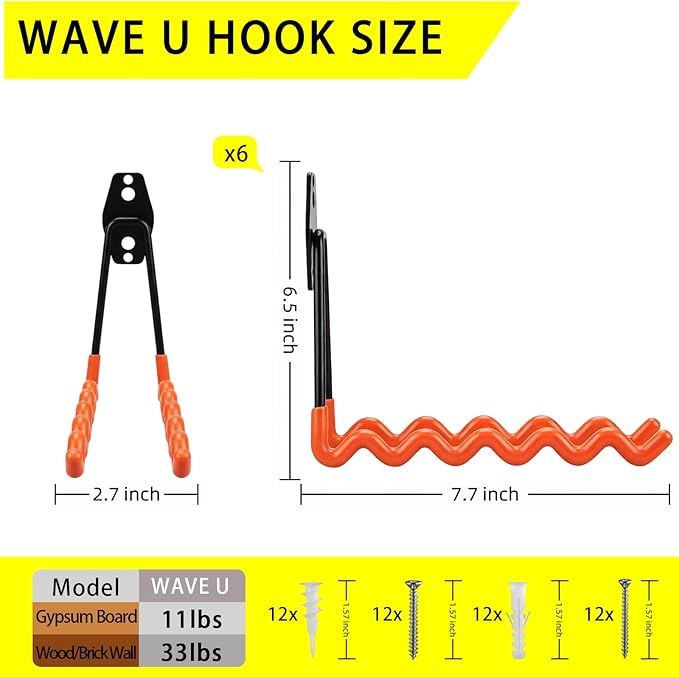 6 Pack Garage Hooks Heavy Duty with Anti-Slip Coating, Steel Utility Wave Hooks for Hanging Ropes, Bikes, Garden Tools, Hoses and More (Orange)