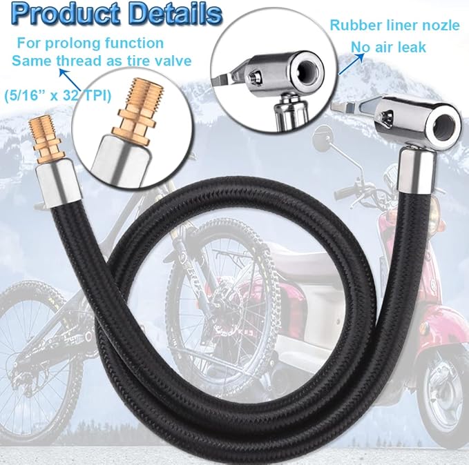 50cm 20inches Ultra-Long Tire Inflator Hose Adapter, Thumb Press Locking Tire Chuck, Fast Inflation, Quick Release and Connect, Universal for Cars, Motorcycles and Bicycles, 1pc.