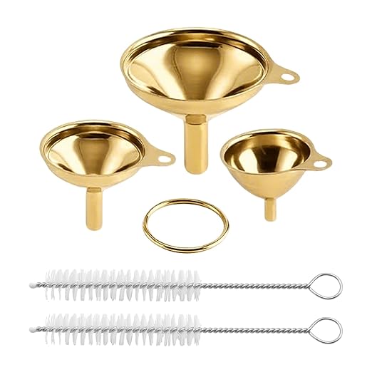 Gold Stainless Steel Funnels for Kitchen Use, Large Tiny Small Funnel Set of 3 with 2Pcs Cleaning Brush Set for Filling Bottles Oil Liquor Water Spice (Gold)
