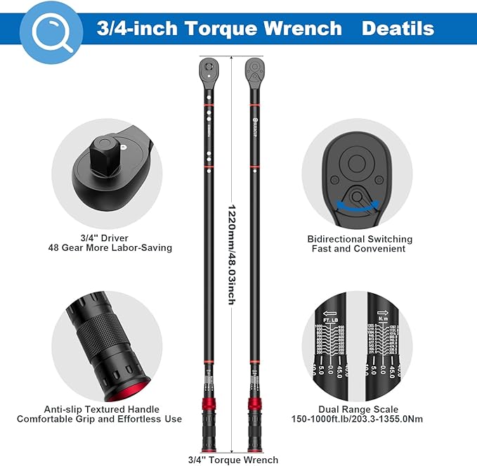 3/4-inch Drive Click Torque Wrench, 150-1000ft.lb/203.3-1355Nm, 48 Tooth Dual-Direction Click Torque Wrench with a Hex Key for wind turbines,dockyards, car,truck repair