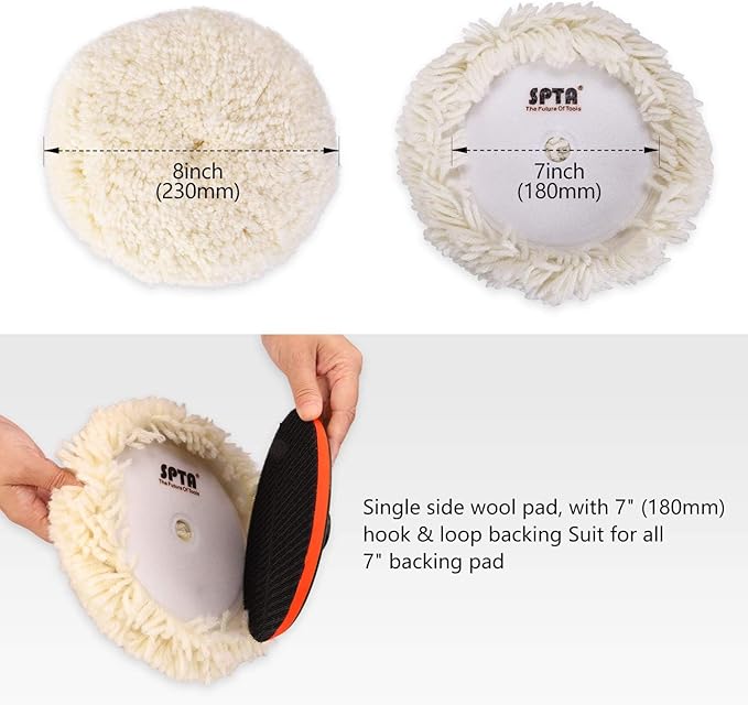 SPTA Wool Polishing Pads, 8"(200mm) 100% Natural Wool Buffing Pad with Hook & Loop Backing 4pcs Set Come with 5/8-11 Thread Backing Plate for Car Polishing, Buffing and Cutting