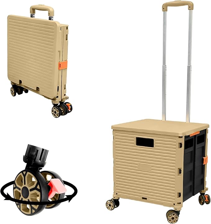 Folding Rolling Utility Cart,Wear-Resistant Noiseless Shopping Trolley Carts with Wheels for Grocery,Portable Crate Storage Tool Box with Lid Used as a Seat for Moving Office Use/Travel/Picnic/Books