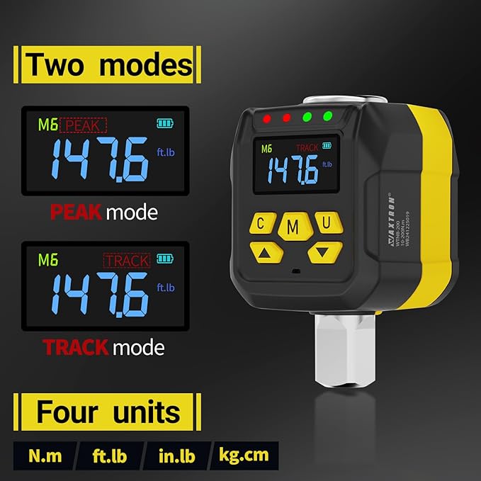 Digital Torque Adapter Set, 1/2" Electronic Torque Wrench Adapter, 7.5-147.5 Ft-Lb (10-200 Nm), Buzzer & LED Alert, for Ratchet & Breaker Bar, Includes 1/4" & 3/8" Adapters