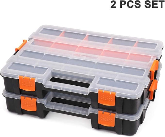 CASOMAN Tool Box Organizer Interlocking Black Small Parts Organizer for Fasteners and Crafts w/Removable Dividers (2 Piece Pack)