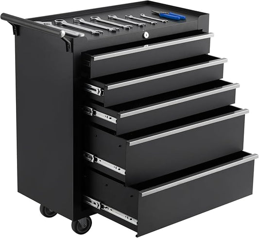 GarveeLife 5-Drawer Tool Box 24" Garage Tool Box with Key Lock and Removable Drawer Liners, Wheeled Design, Suitable for Garages, Warehouses, Workshops, and Repair Shops - Black