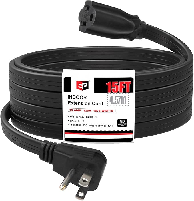 EP 15 Ft Heavy Duty Appliance Extension Cord - 14 Gauge 3 Prong Grounded Cable Wire, Ideal for Air Conditioners, Refrigerators, Microwaves, Washing Machines & More - Indoor Use, Black