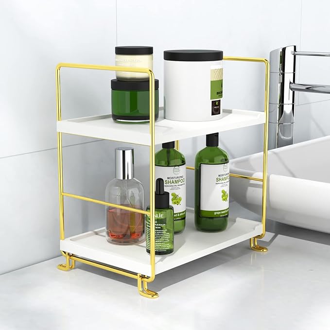 2-Tier Bathroom Countertop Organizer Perfume Organizer Makeup Shelf Bedroom Storage Tray or Kitchen Spice Rack (Gold)