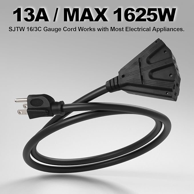 EP 2 Pack 10 Ft Outdoor Extension Cord with 3 Electrical Power Outlets - 16/3 SJTW Black Cable with 3 Prong Grounded Plug for Safety Great for Christmas Lights, Garden and Major Appliances