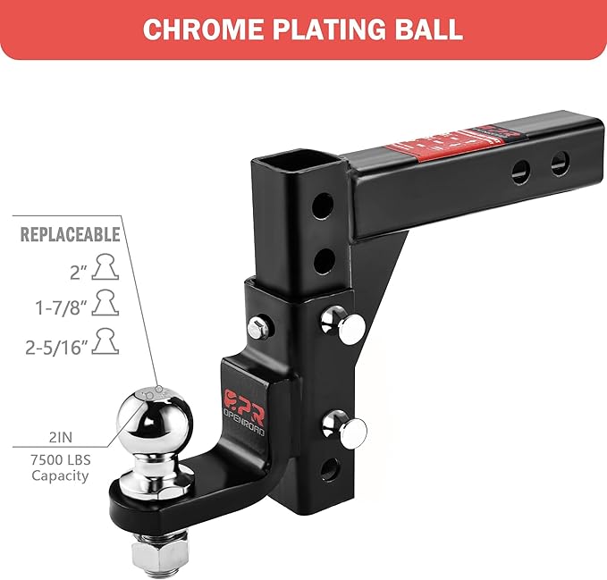 OPENROAD Adjustable Trailer Hitch Ball Mount - Fits 2-Inch Receiver, 2" Tow Balls, 7500lbs, 9-1/2" Drop/ 8-1/4" Rise, Heavy Duty Truck Hitch with Pin Lock