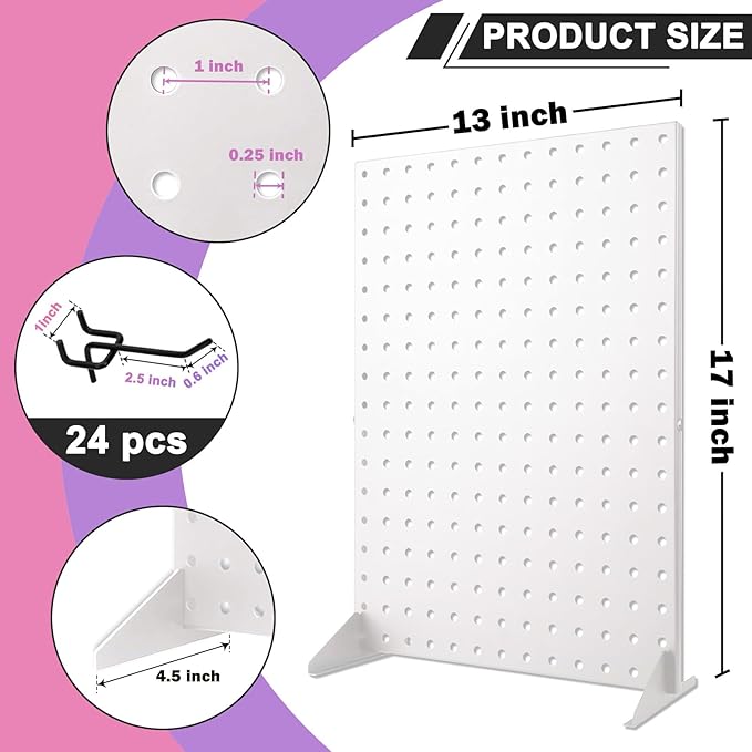 Acfunique 2 Pack Peg Board Display Stand for Vendors with 24 Hooks Metal Tabletop Pegboard Display Stand for Craft Shows 17" X 13" Retail Display Racks Peg Board Organizer Holder White