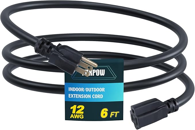 Indoor Outdoor Extension Cord, 12 Gauge 3 Prong Weatherproof Heavy Duty Black Extension Cords, 12/3 SJTW 15A 6 FT Extension Cable for Garage, Garden and Home, UL Listed