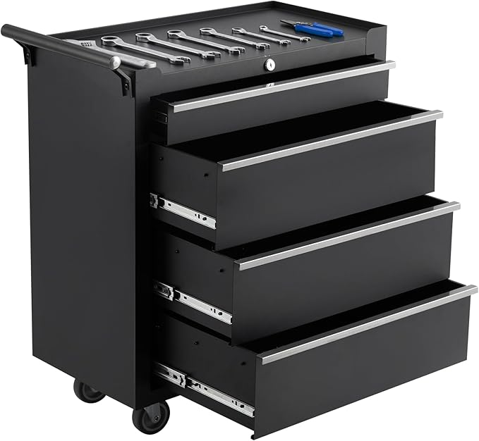 GarveeLife 4-Drawer Tool Box 24" Garage Tool Box with Key Lock and Removable Drawer Liners, Wheeled Design, Suitable for Garages, Warehouses, Workshops, and Repair Shops - Black