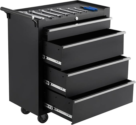 GarveeLife 4-Drawer Tool Box 24" Garage Tool Box with Key Lock and Removable Drawer Liners, Wheeled Design, Suitable for Garages, Warehouses, Workshops, and Repair Shops - Black