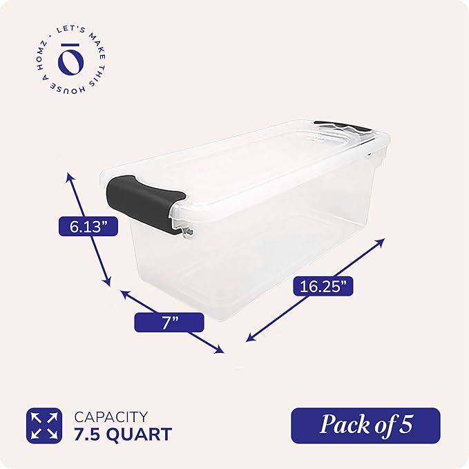 HOMZ 5-Pack Latching Lid, Clear Plastic Storage Organizer Bins, 7.5 Quart, Gray Latch - Stackable Organizing Containers for Home, Garage, and Office