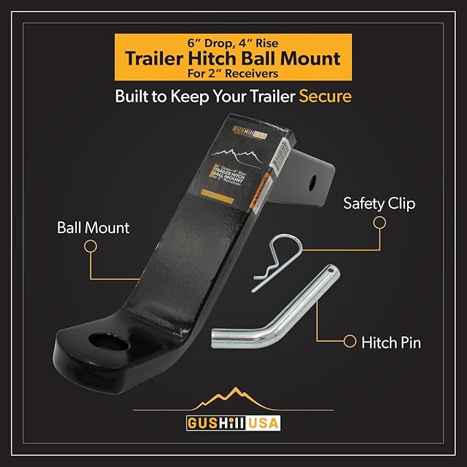 GusHIll USA GH45070 Trailer Hitch Ball Mount, Fits 2-Inch Receiver, 6,500 lbs, 1-Inch Hole, 6-Inch Drop