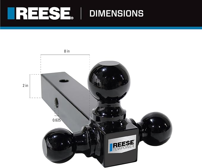Reese Towpower 21512 Tri-Ball Trailer Hitch Ball Mount, (1-7/8 Inch, 2 Inch, 2-5/16 Inch Trailer Hitch Balls), Fits 2 Inch Square Receiver, 10,000 lbs. Capacity