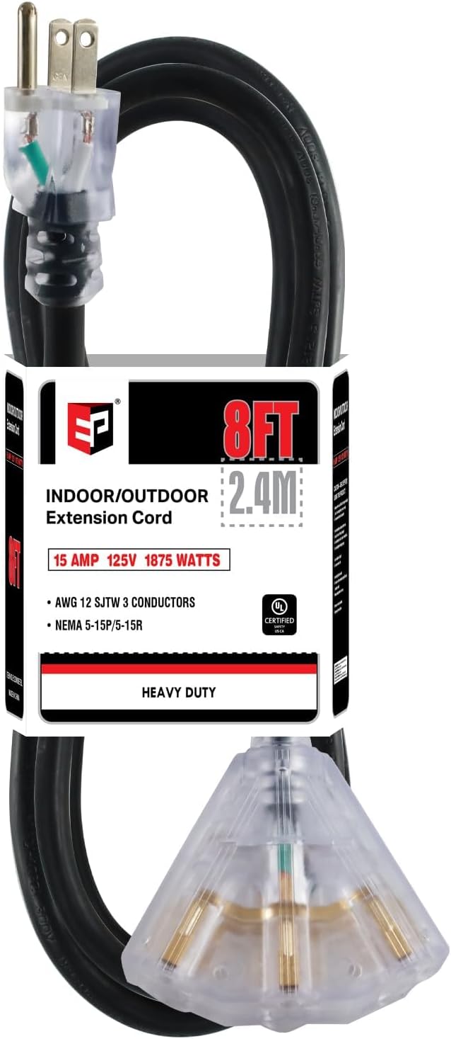EP 8 Ft 12 Gauge Heavy Duty Extension Cord, 15A 125V 1875W, 3 Outlet Indoor/Outdoor Power Cord with Lighted End, 12/3 SJTW Weatherproof Black