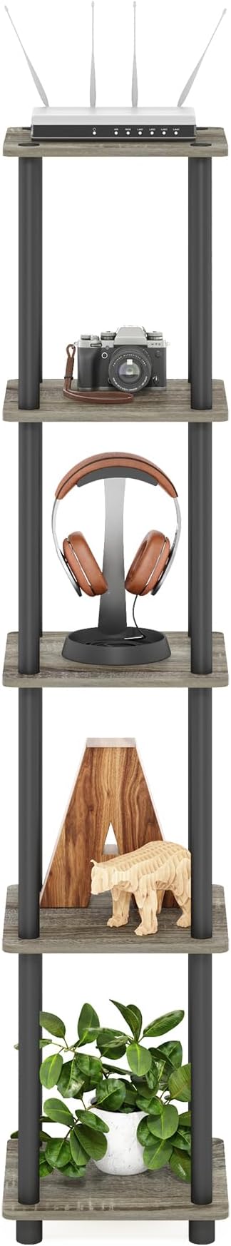 FURINNO Turn-N-Tube 5-Tier Corner Square Rack Display Shelf, Round, French Oak Grey/Black