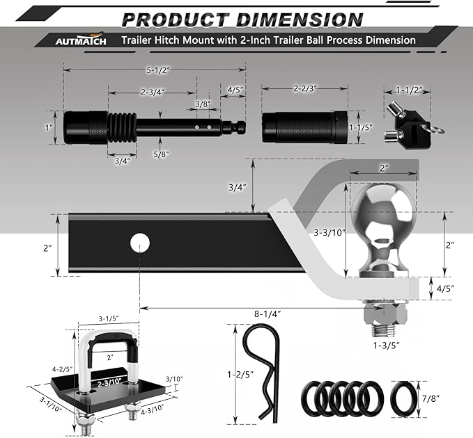 AUTMATCH Trailer Hitch Ball Mount with 2 Inch Hitch Ball - Fits 2" Receiver with Hitch Tightener, 8000Lbs Capacity Ball Hitch, 2-Inch Drop with 5/8" Hitch Lock Pin, White & Black