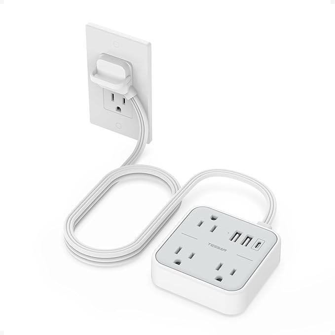 TESSAN Ultra Thin Flat Extension Cord 5 FT, Slim Power Strip with USB Ports (1 USB C), Non Surge Protector Flat Plug Wall Charger with 3 Outlets for Office, School, Cruise Essentials, Grey