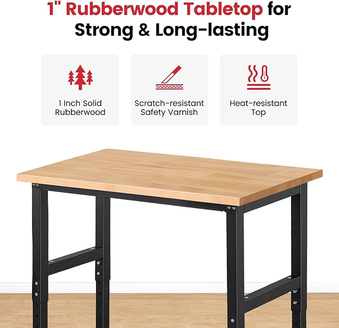 ENJOYWOOD 41" x 20" Adjustable Height Workbench for Garage Heavy Duty Rubberwood Top Work Table 1500 LBS Capacity Work Bench for Workshop, Office & Home