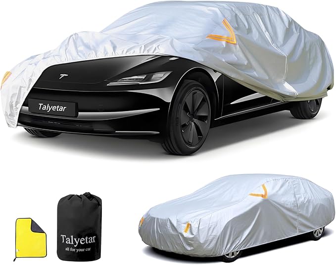 Car Cover Waterproof All Weather fit for Tesla Model 3,Heavy Duty Outdoor Cover with Driver Side Zipper & 3 Windproof Straps – Sun,Rain,Snow,Frost,Dust Resistant