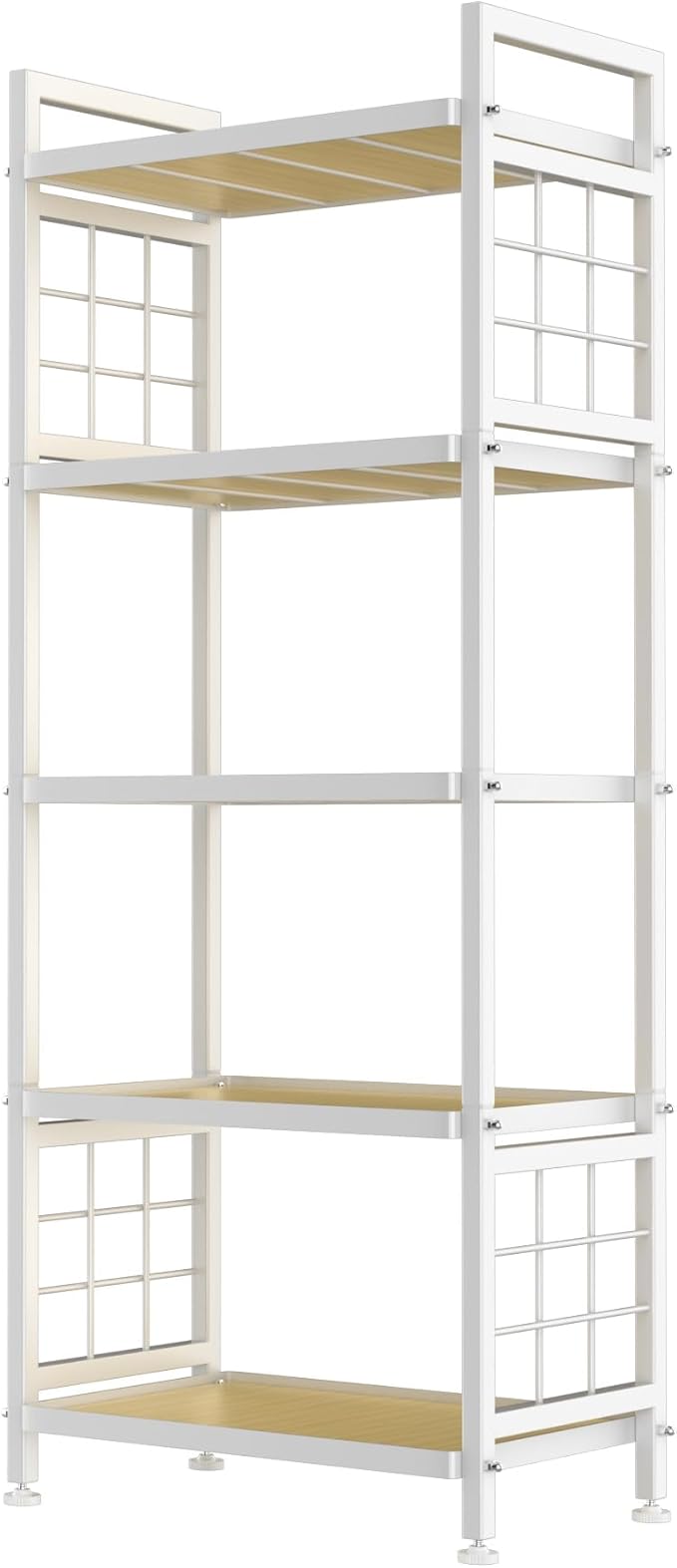 GIOTORENT 5-Tier Pantry Shelves with Wooden Boards, Heavy Duty Storage Shelves & Book Shelf, Adjustable Metal Shelving Unit for Kitchen Bathroom Laundry Organizer, Sturdy Rust-Resistant, White