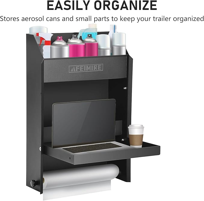 Flip-Out Storage Cabinet for Garage & Trailers, Workstation with 2 Shelves, Paper Towel Holder & Aluminum Mounting Cabinet, Space-Saving Design for Aerosol Cans, Quart Jugs, Medium