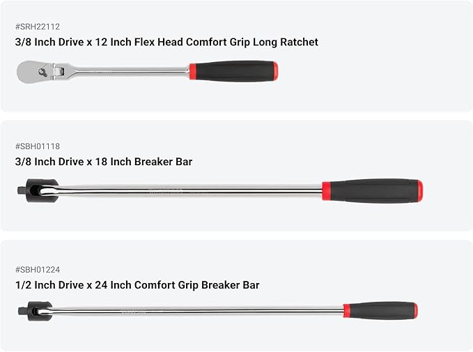 TEKTON 1/4, 3/8, 1/2 Inch Drive Quick-Release Comfort Grip Ratchet and Breaker Bar Set (15-Piece) | SDR99904