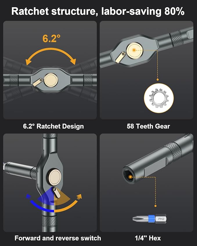 Magnetic Screwdriver Set, Portable Mini Flexible Combination Ratchet Screwdriver Set with T Handle, S2 Steel Bits, Repair Tool Kit for Furniture Assembly, Bicycles, Computer, DIY
