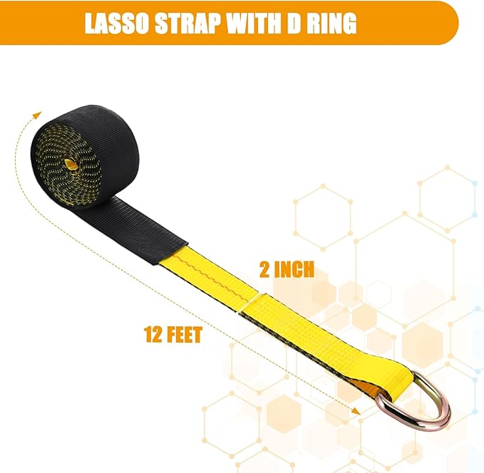 12 Pack Lasso Tow Truck Straps with D Ring 11, 000 Lbs Break Strength D Ring Auto Tie Down Wheel Lift Trailer Strap for Hauling Utv SUV Wrecker Rollback (2" X 12ft,Yellow)