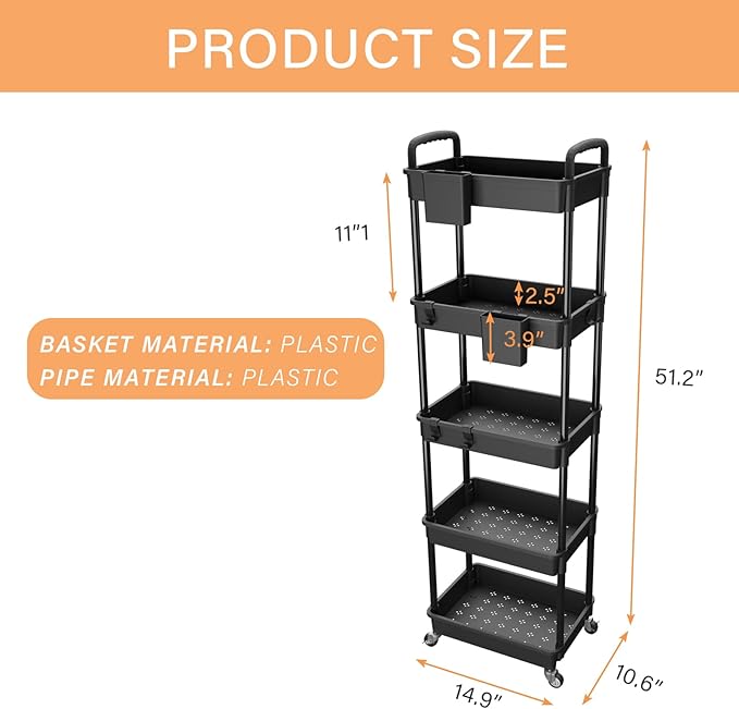 5 Tier Rolling Utility Cart with Handle,REBECAT Utility Cart Made of Multifunctional Storage Organizer Tool for Kitchen,Bathroom,Living Room,Office(Black)