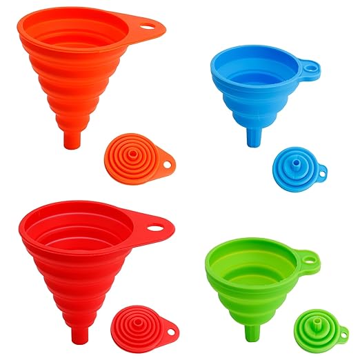4 Pack Silicone Collapsible Kitchen Funnel for Water Beer Oil Filling Bottles 2 Size Flexible Foldable Mini Small Large Scoop Funnel Set Camp Kitchen Hand Tools Gadgets Accessories Must Have Finds