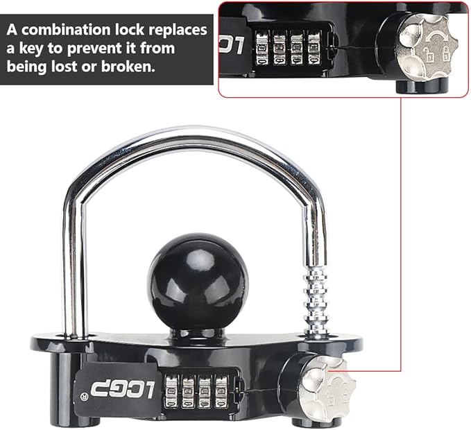 LCGP Black Trailer Hitch Lock with Combination Lock, Fits 1-7/8,2 and 2-5/16 Inch Couplers,Adjustable Storage Security, Heavy-Duty Steel