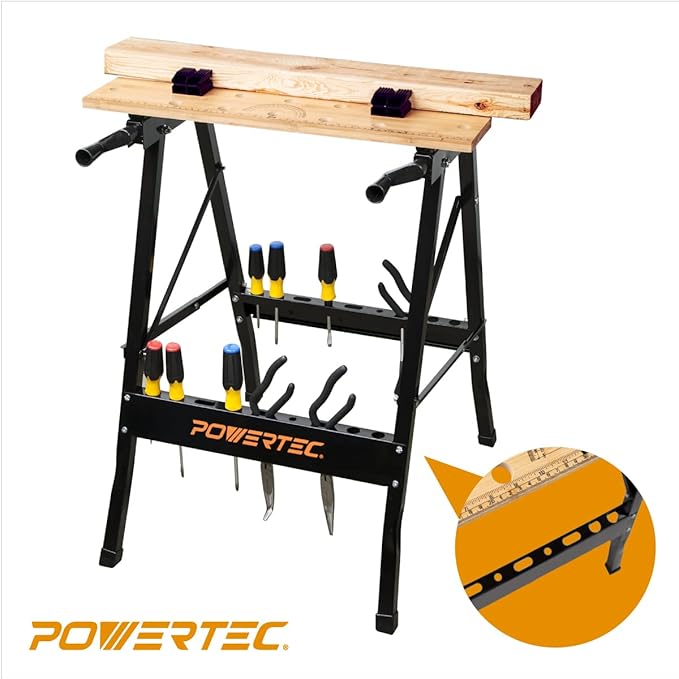 POWERTEC Portable Small Workbench with Vise, Imprinted Ruler and Protractor Scale, Folding Sawhorse/Worktable and 4 Bench Dogs for Woodworking Projects (MT4006V)