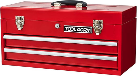 20.3“ Metal Tool Box with Drawer Portable Steel Tool Box with Liner and Latch Closure and Lock for Garage, Home and Warehouse (Red-2 Drawers)