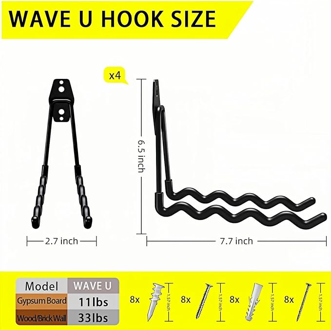 4 Pack Garage Hooks Heavy Duty with Anti-Slip Coating, Steel Utility Wave Hooks for Hanging Ropes, Bikes, Garden Tools, Hoses and More (Black)
