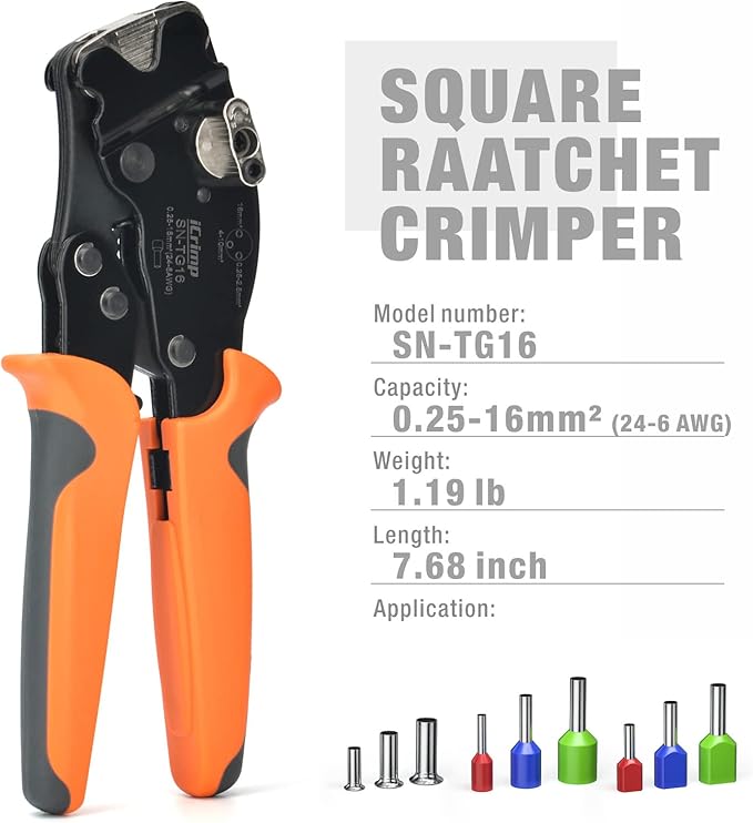 iCrimp Square Ratchet Crimper for End Sleeves and Ferrules AWG 24-6