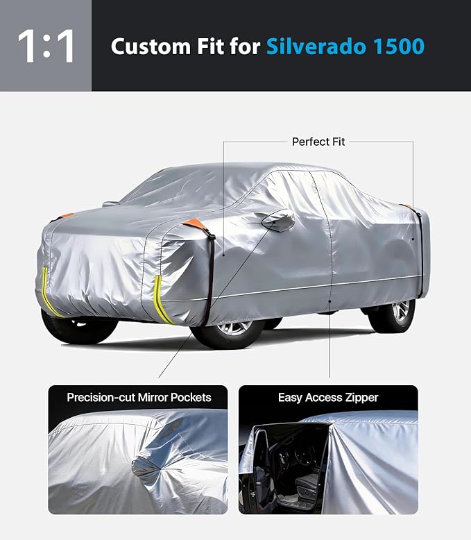 Wigoo Chevrolet Silverado 1500 Truck Car Cover Accessories 2019-2026, Custom Fit Waterproof All Weather Outdoor Full Pickup Cover, Windproof UV Rain Snow Dust Protection, Door Zipper, Breathable Desig