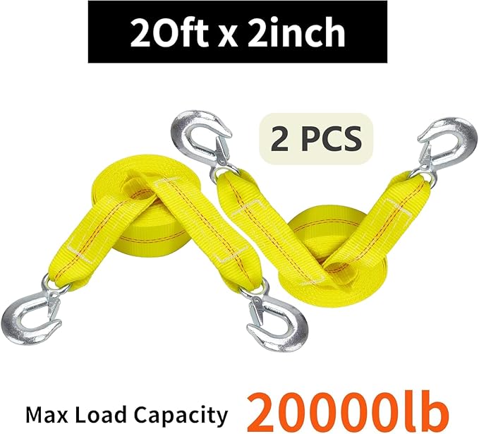 2 Pcs Tow Strap with Hooks 2 Inch x 20 Foot, 20,000 lbs Capacity Tow Rope - Heavy Duty Emergency Towing Straps for Vehicles, Cars, Trucks, ATV, for Roadside Recovery, not for Off-Road Recovery