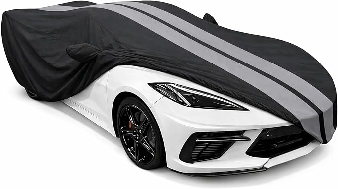 SR1 Performance USA C8 Corvette Car Cover Outdoor 2020–2026 – Custom Fit Stingray Z06 Z51 E-Ray, Water Resistant Breathable, UV Protection, Wind Secure & Storage Bag (Black with Gray Stripes)