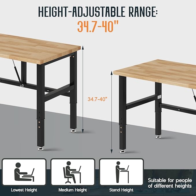 SPECRAFT Folding Workbench, Adjustable Foldable Workbench, 34.7"-40" Height Adjustable, Rubber Wood Top for Garage, Workshop, Office